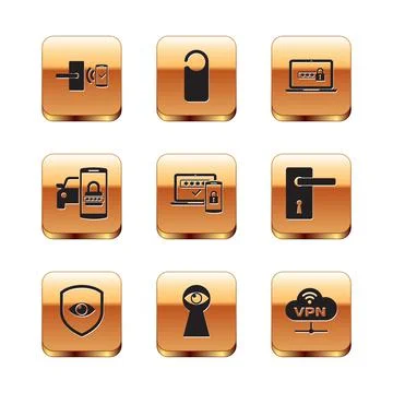 Set Digital door lock with wireless, Shield and eye, Keyhole, Two steps Stock Illustration