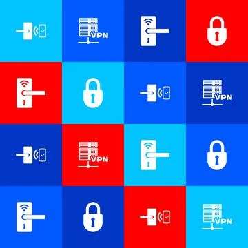 Set Digital door lock with wireless, Server VPN, and Lock icon. Vector Stock Illustration