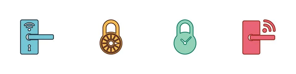Set Digital door lock with wireless, Safe combination wheel, Padlock clock and Stock Illustration