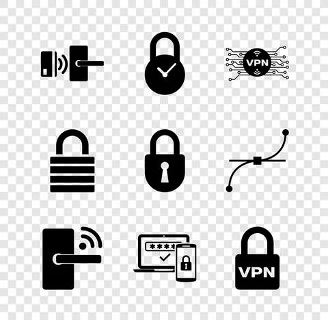 Set Digital door lock with wireless, Padlock clock, VPN microchip circuit, , Two Stock Illustration