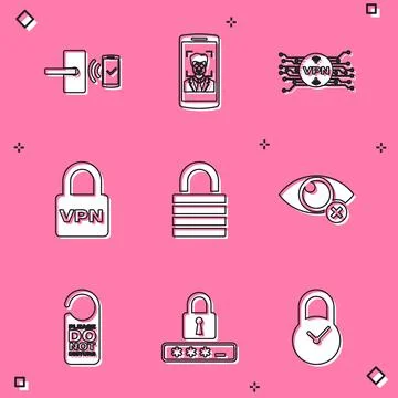 Set Digital door lock with wireless, Mobile and face recognition, VPN microchip Illustration