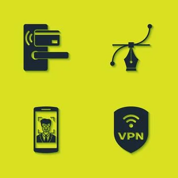 Set Digital door lock with wireless, Shield VPN, Mobile and face recognition  Illustration