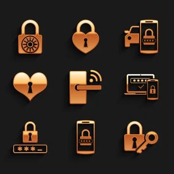 Set Digital door lock with wireless, Mobile and password, Lock key, Two ste.. Stock Illustration