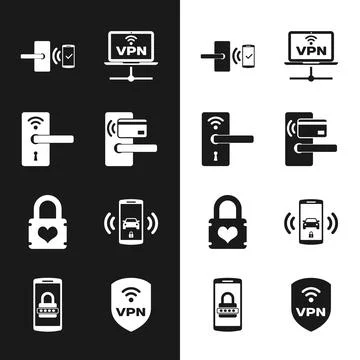 Set Digital door lock with wireless, , , VPN Computer network, Padlock hear.. Stock Illustration