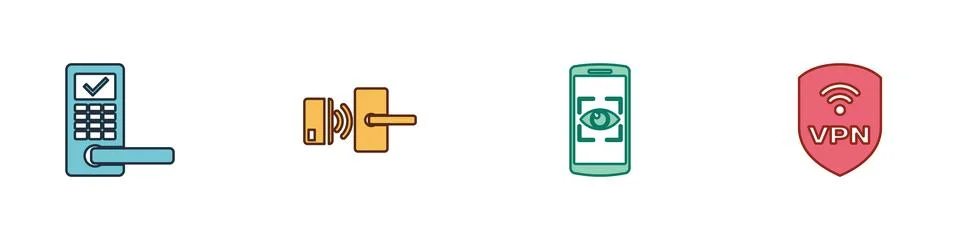 Set Digital door lock with wireless, , Mobile and eye scan and Shield VPN ico Stock Illustration