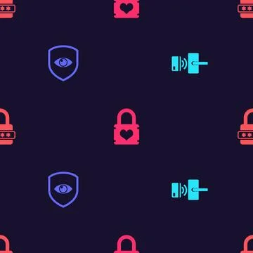 Set Digital door lock with wireless, Shield and eye, Padlock heart and Passwo Stock Illustration
