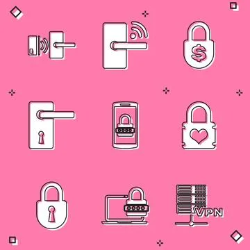 Set Digital door lock with wireless, , Money, Door handle, Mobile password .. Illustrazione stock