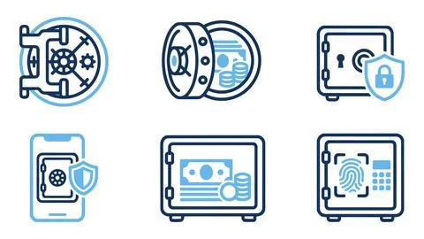 Set of digital finance security and bank vault icons with security, protectio Stock Illustration