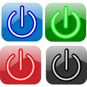 Set of digital glowing power button in blue, green, red, black colors for c.. Illustrazione stock