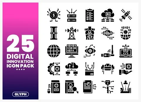 Set of digital innovation glyph icons in black on a white background Stock Illustration