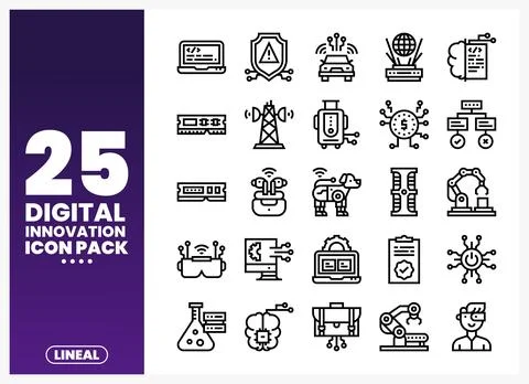 Set of digital innovation icons in a grid. featuring technology and AI symbol Stock Illustration