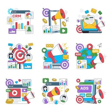 Set of Digital Marketing Flat Illustrations Stock Illustration