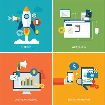 Set of digital marketing,startup, web design and social marketing Stock Illustration