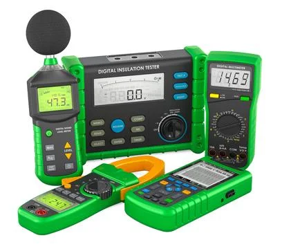 Set of digital measuring devices. Digital sound level meter, oscilloscope, .. Stock Illustration
