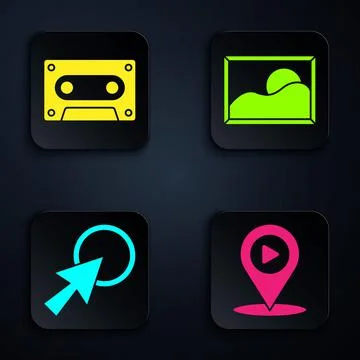 Set Digital media play with location, Retro audio cassette tape, Arrow cursor Illustrazione stock