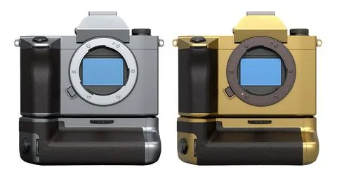 Set of digital mirrorless cameras in black, gold, and silver colors isolated on Stock Illustration
