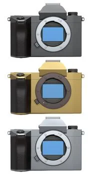 Set of digital mirrorless cameras in black, gold, and silver colors isolated on Stock Illustration
