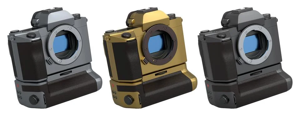 Set of digital mirrorless cameras in black, gold, and silver colors isolate.. Stock Illustration