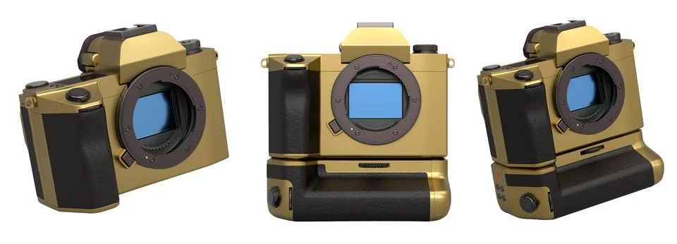 Set of digital mirrorless cameras in black, gold, and silver colors isolated  Stock Illustration