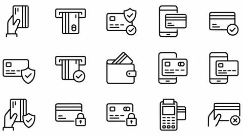 Set of digital payment and credit card line icons with transaction, security Stock Illustration