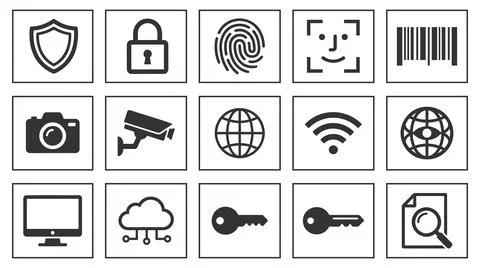 Set of digital security and cyber technology vector line icons Stock Illustration
