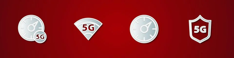 Set Digital speed meter 5G, network, and Protective shield icon. Vector Stockillustratie
