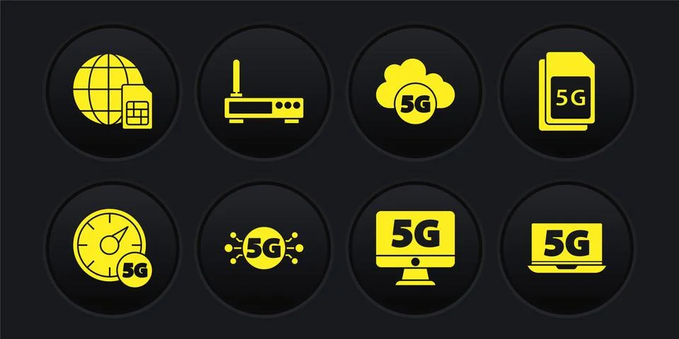 Set Digital speed meter 5G, Sim Card, network, Monitor with, Cloud, Router and Illustrazione stock