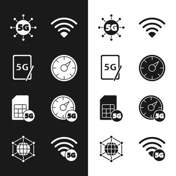 Set Digital speed meter 5G, Graphic tablet with, network, Wi-Fi wireless, Sim Stock Illustration