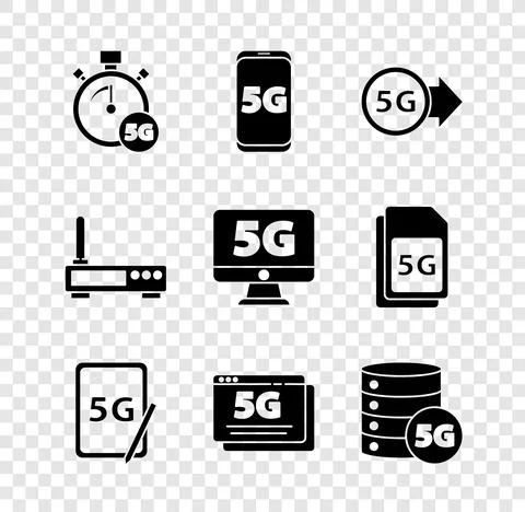 Set Digital speed meter 5G, Mobile with network, Graphic tablet, Server, Router Stock Illustration