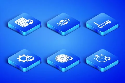 Set Digital speed meter 5G, Server network, Setting, and Router and wi-fi signal Stock Illustration