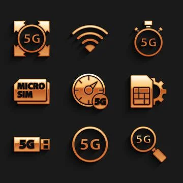 Set Digital speed meter 5G, network, Search, Sim card setting, modem, Micro Card Stock Illustration