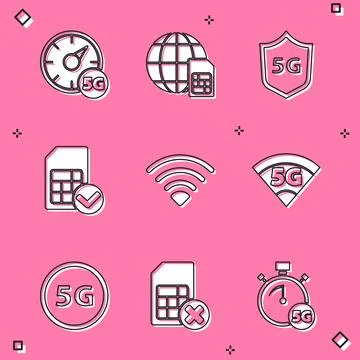 Set Digital speed meter 5G, Globe Sim Card, Protective shield, card, Wi-Fi .. Stock Illustration