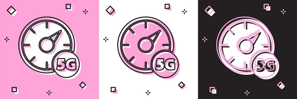 Set Digital speed meter concept with 5G icon isolated on pink and white, black Stock Illustration