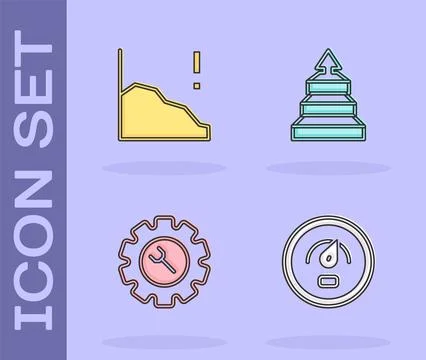 Set Digital speed meter, Financial growth decrease, Wrench and gear and Pyramid Stock Illustration