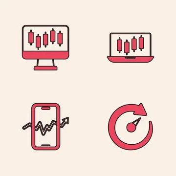Set Digital speed meter, Stocks market growth graphs, and Mobile stock trading Stock Illustration