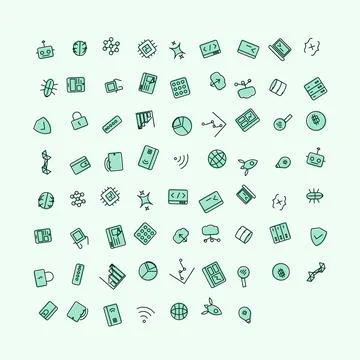 Set of Digital Technology and Data Science Icons in Green Linear Style Design Illustrazione stock
