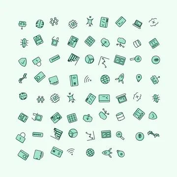 Set of digital technology and software development icons on a light backgroun Illustration