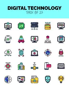 Set of Digital Technology Lineal Color icons for logo &amp; web. Vector illustr.. Stock Illustration