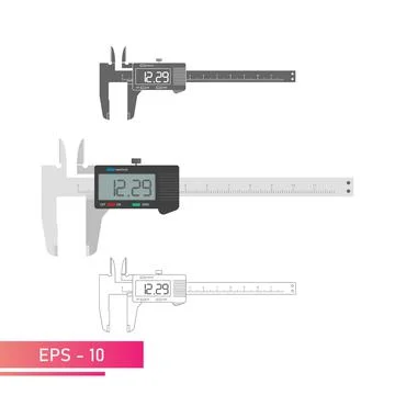 A set of digital vernier calipers with a display and a numeric scale. Realistic Stock Illustration