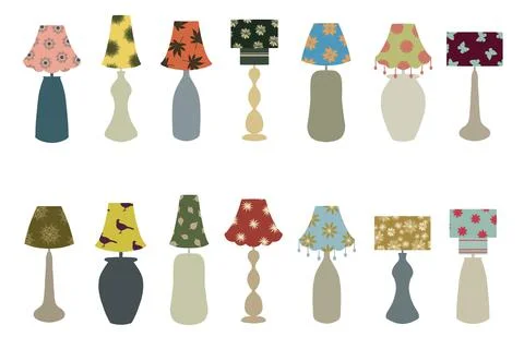 Set of digitally drawn, individual table lamps on a white background. Illustrazione stock