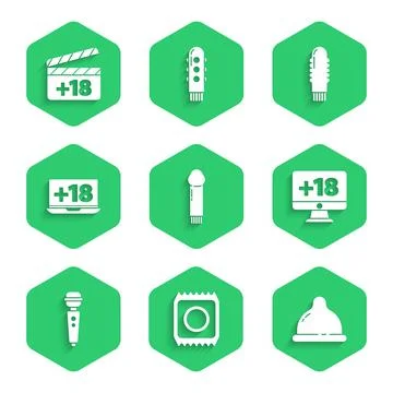 Set Dildo vibrator, Condom in package safe sex, Monitor with 18 plus content 스톡 일러스트