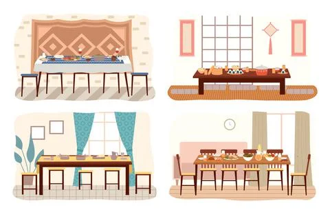 Set dining room design flat vector illustration. Dining table with food and 스톡 일러스트