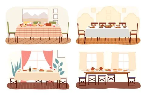 Set of dining room design flat vector illustration. Dining table with food and 스톡 일러스트