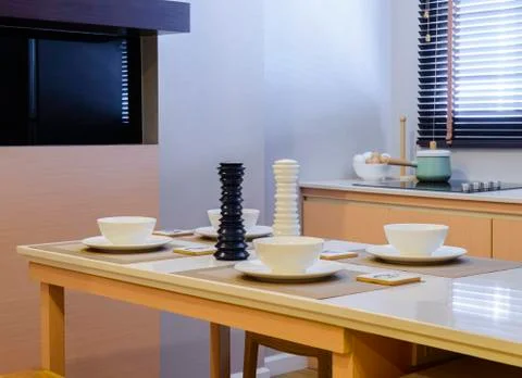 Set of dining table and kitchen room Stock Photos