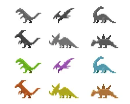 Set of dinosaur icons in color pixel style, vector Stock Illustration