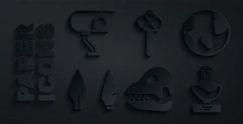 Set Dinosaur skull, Earth globe, Stone age arrow head, Ancient bust sculpture Illustrazione stock