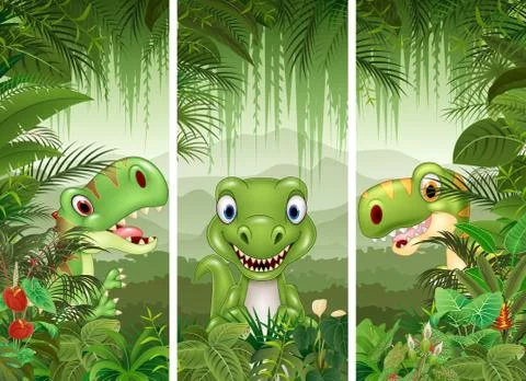 Set of dinosaur with tropical forest background Stock Illustration