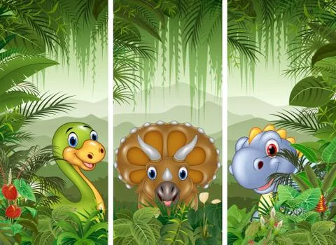 Set of dinosaur with tropical forest background Stock Illustration
