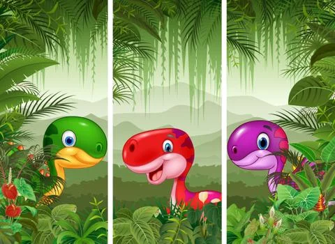 Set of dinosaur with tropical forest background Stock Illustration