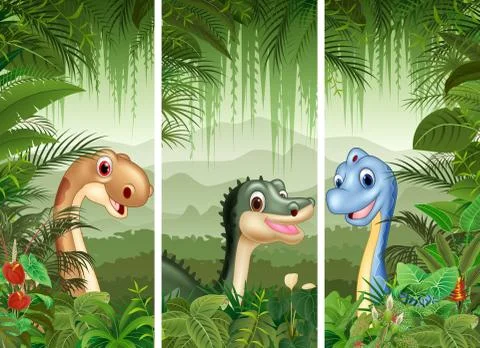 Set of dinosaur with tropical forest background Stock Illustration